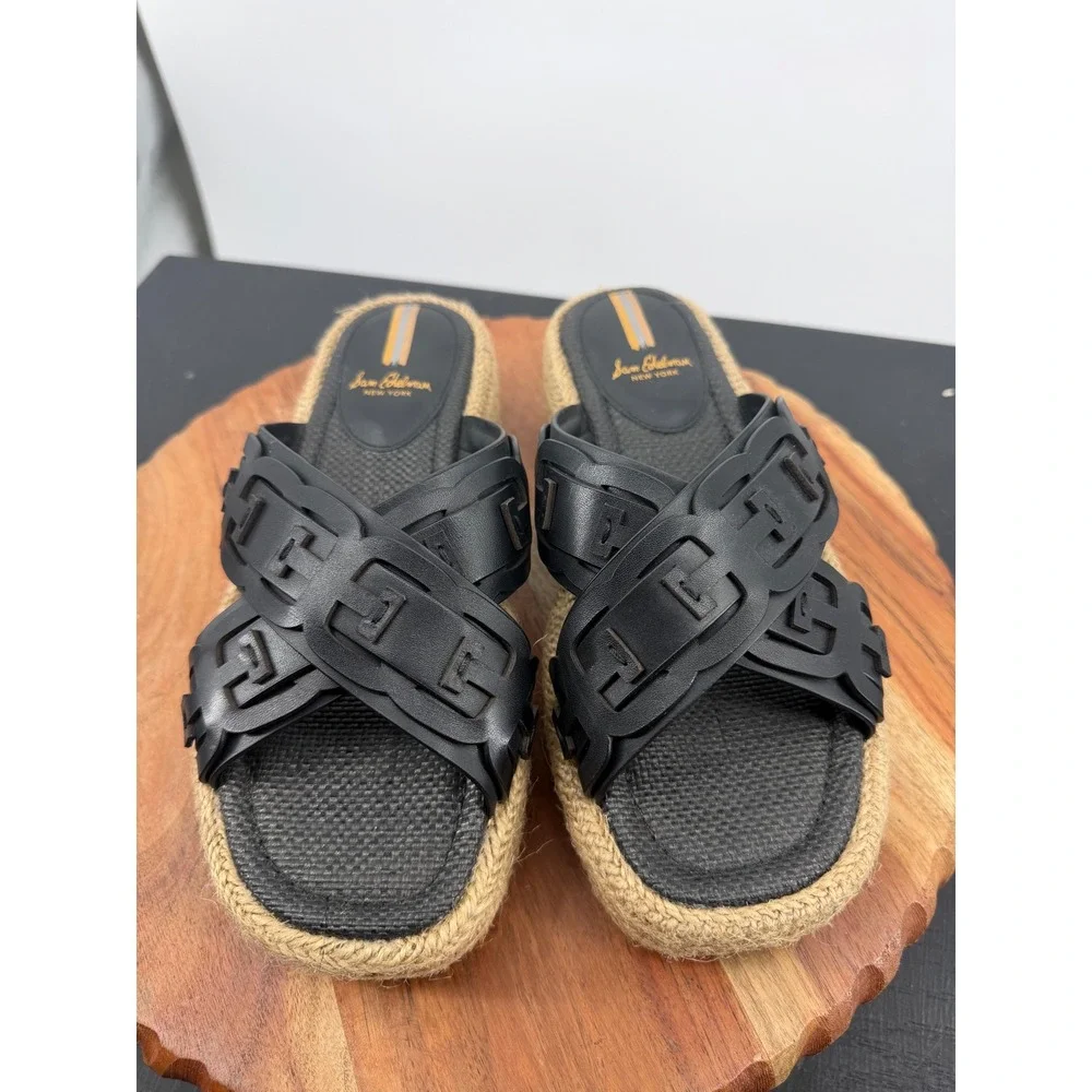 Sam Edelman Pria Platform Sandals Womens 7.5 Black Leather Espadrille Slides